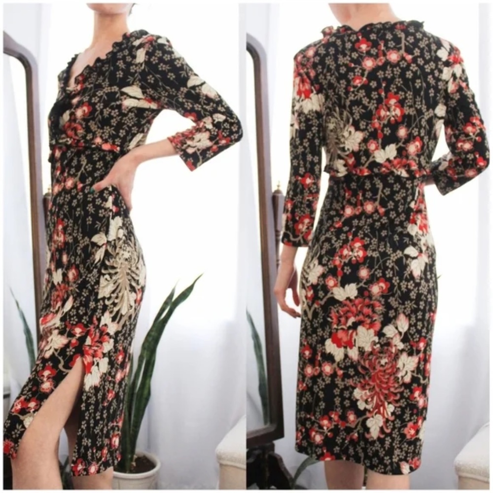 🥀 BCBGMaxAzria, Spider Chrysanthemums Floral Midi Dress